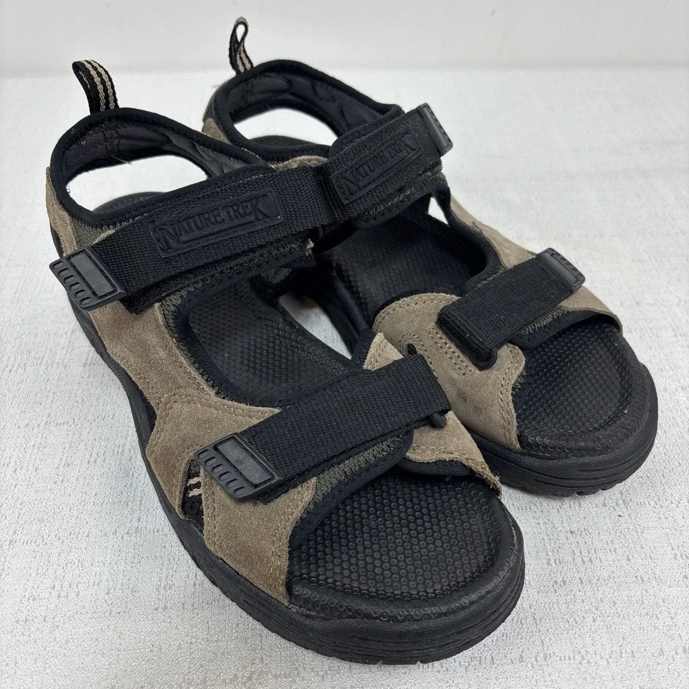 Nature Trek Mens Size 10 Hiking Outdoor Sandal Hook & Loop Brown & Black‎ EUC